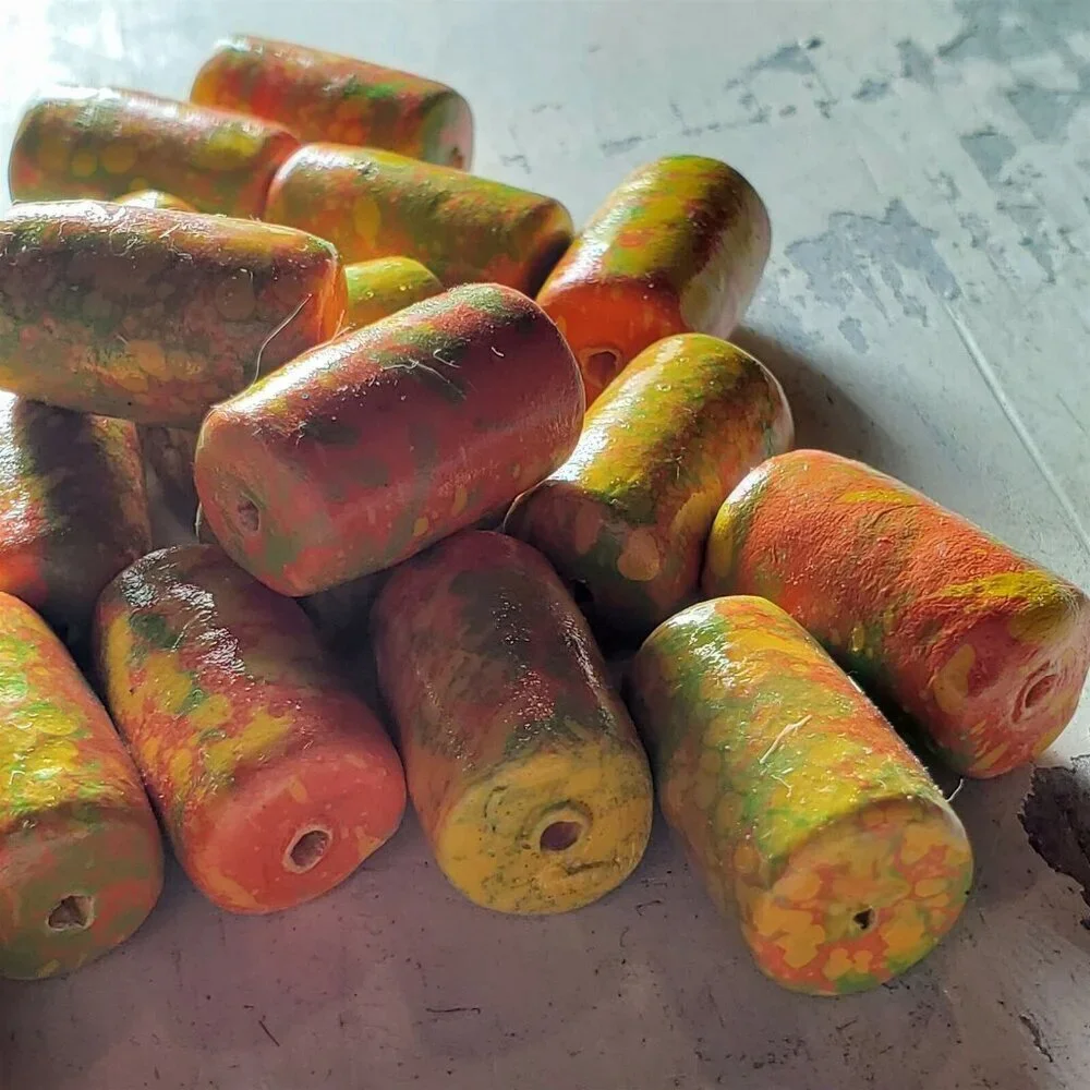 Vintage Japanese Mottled Decoupage Beads Coral Pink Cream Green 22mm Tube 4pcs